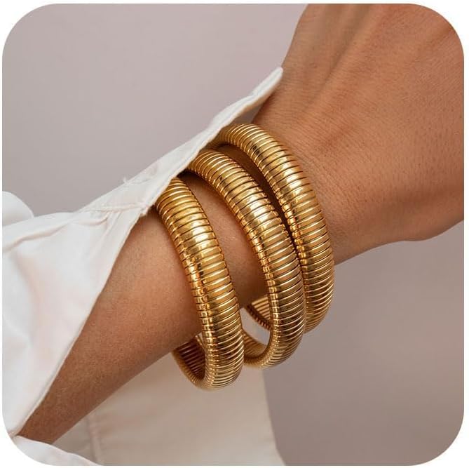JUNYANGY Gold Bangles for Women Set of 3 Chunky Stretch Bangles Bracelets 24K Gold Plated Stainless Steel Bracelets Flexible Wide Stack Bracelets Designer Look Alike Jewelry for Women - Image 1